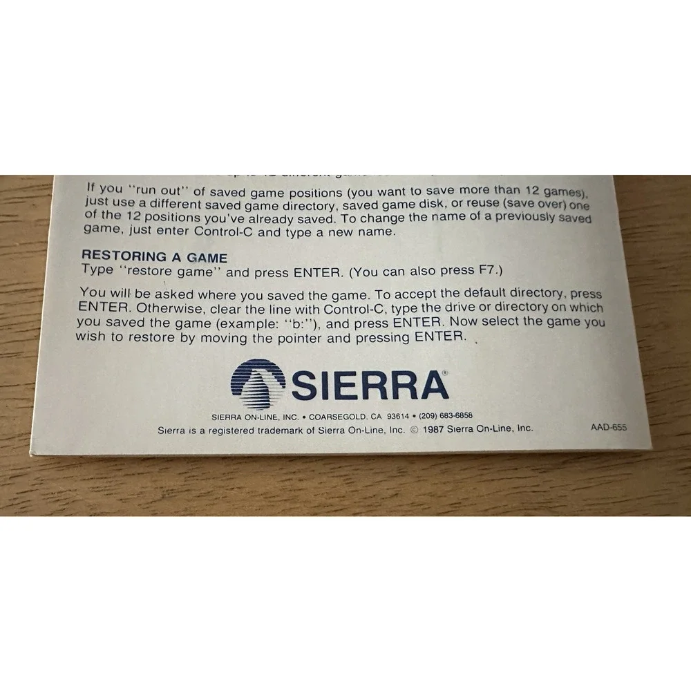 Sierra Game Manual PC Instructions & 3D Adventure Reference Card